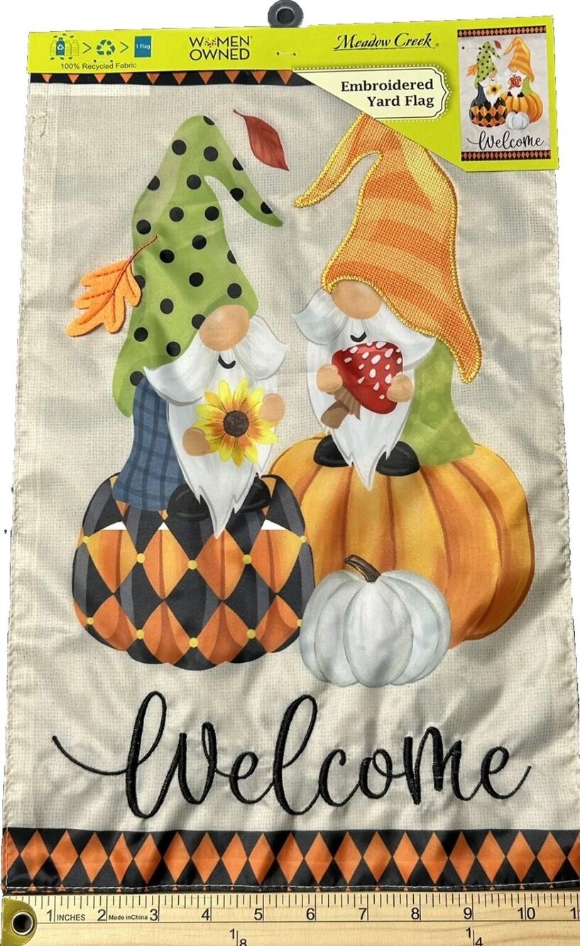 Meadow Creek Welcome Fall Gnomes Yard Flag Embroidered Autumn Pumpkin 11.5x18
